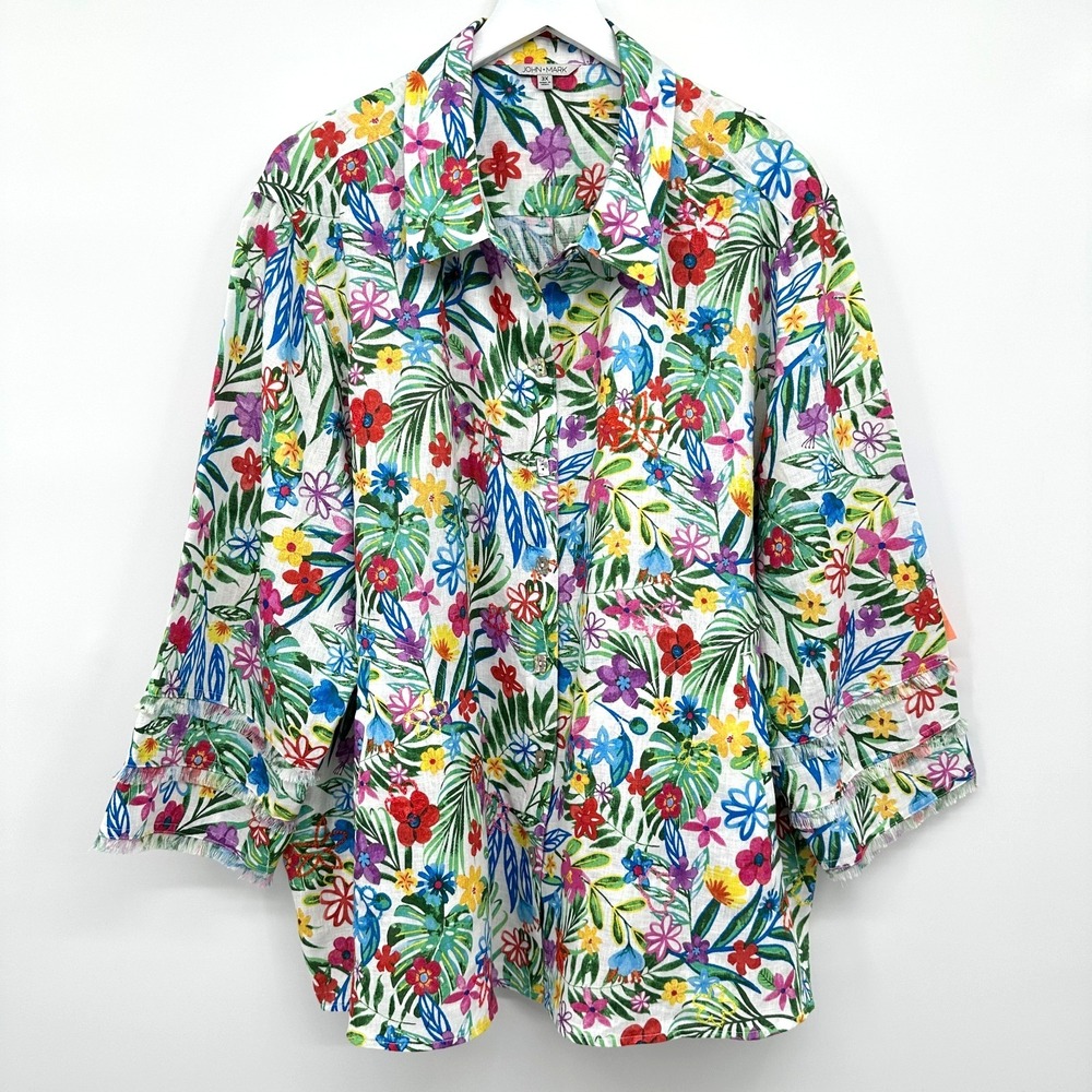 John Mark Tunic Top Shirt Size 3X Floral Linen 3/4 Sleeve Pockets Coastal Boho